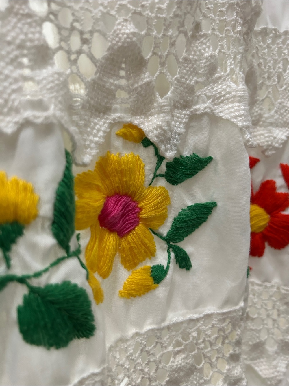 VTG. 1960s White Tiered Dress with Colorful Floral Embroidery - Picture 11 of 15